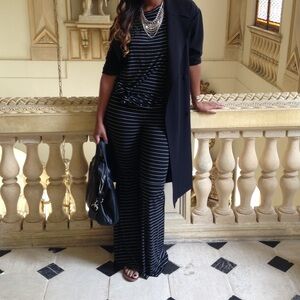 Line & Dot Striped Flare Leg Pant Set & Oversized Shirt ($120)